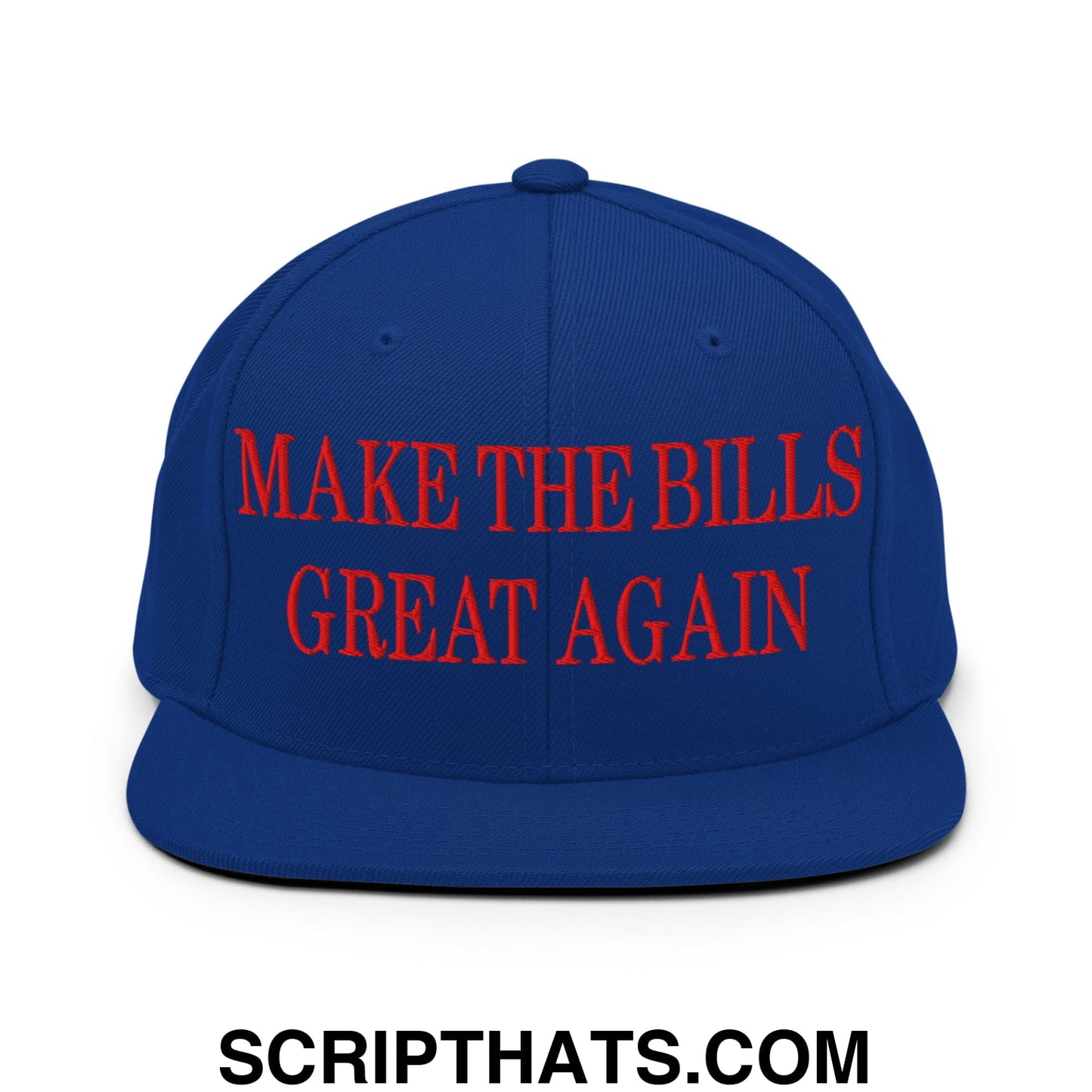 Royal blue snapback cap with bold red embroidered make the bills great again text and flat bill brim design