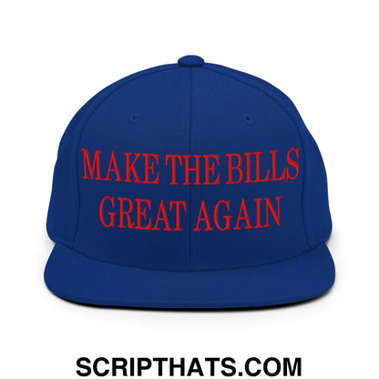 Royal blue snapback cap with bold red embroidered make the bills great again text and flat bill brim design