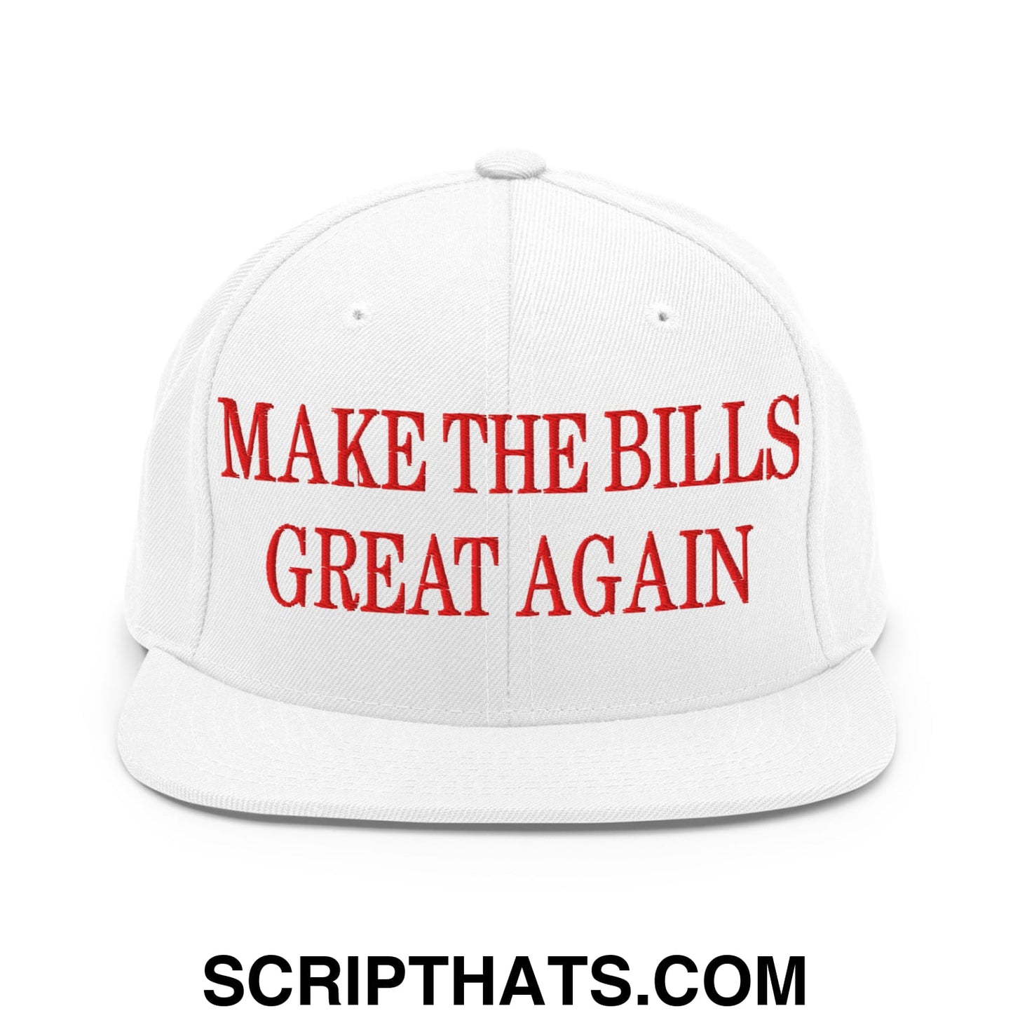 White snapback cap with bold red embroidered make the bills great again text and flat bill brim