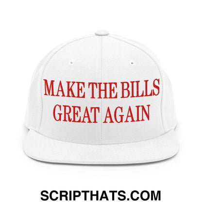 White snapback cap with bold red embroidered make the bills great again text and flat bill brim