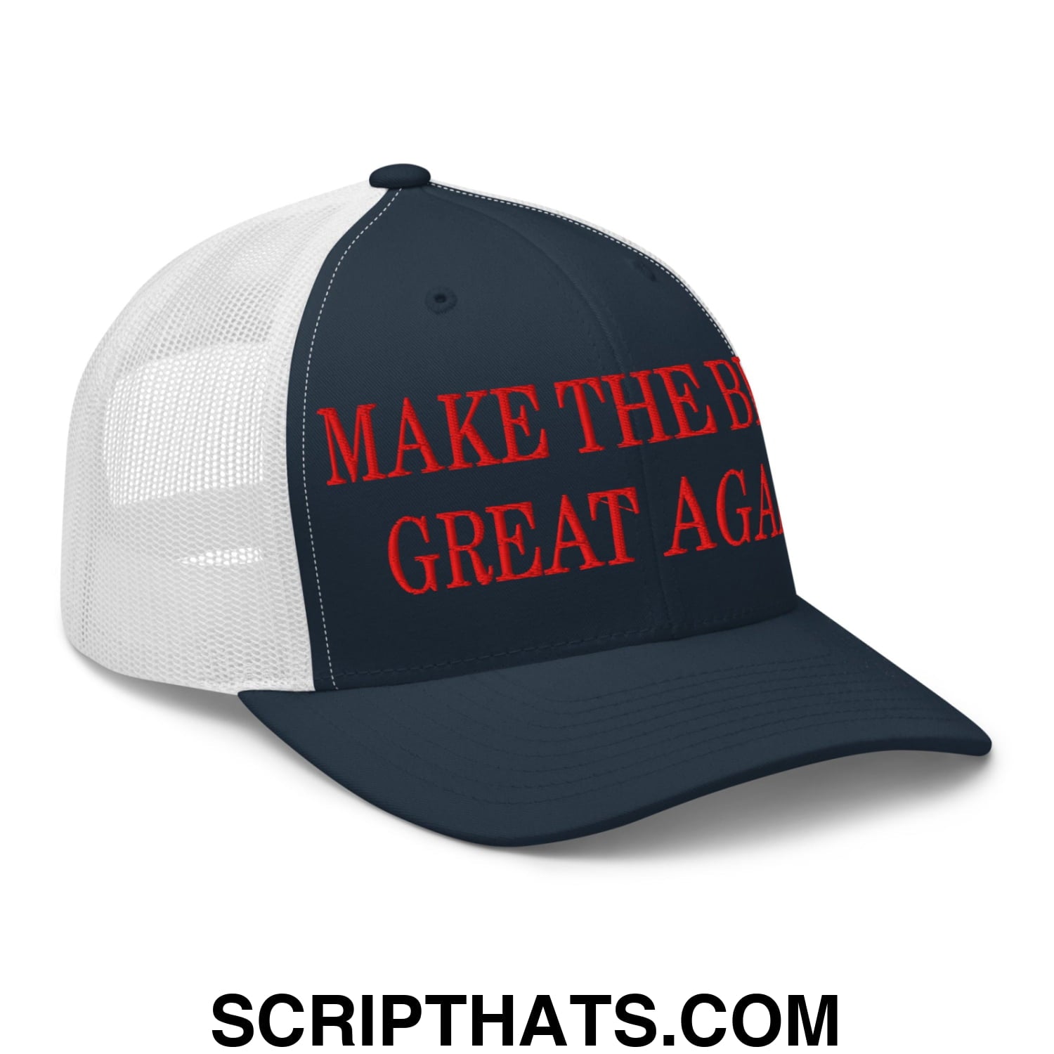 Navy blue and white mesh trucker hat with red embroidered make the bills great again text front view