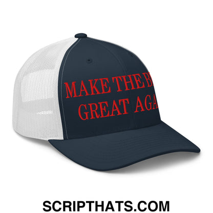 Navy blue and white mesh trucker hat with red embroidered make the bills great again text front view