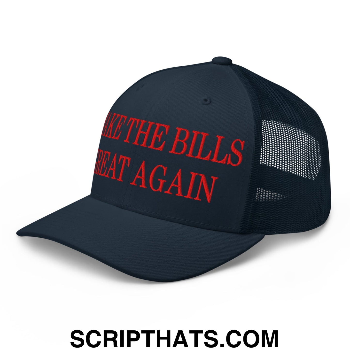 Dark blue mesh trucker hat with red embroidered make the bills great again text on the front panel