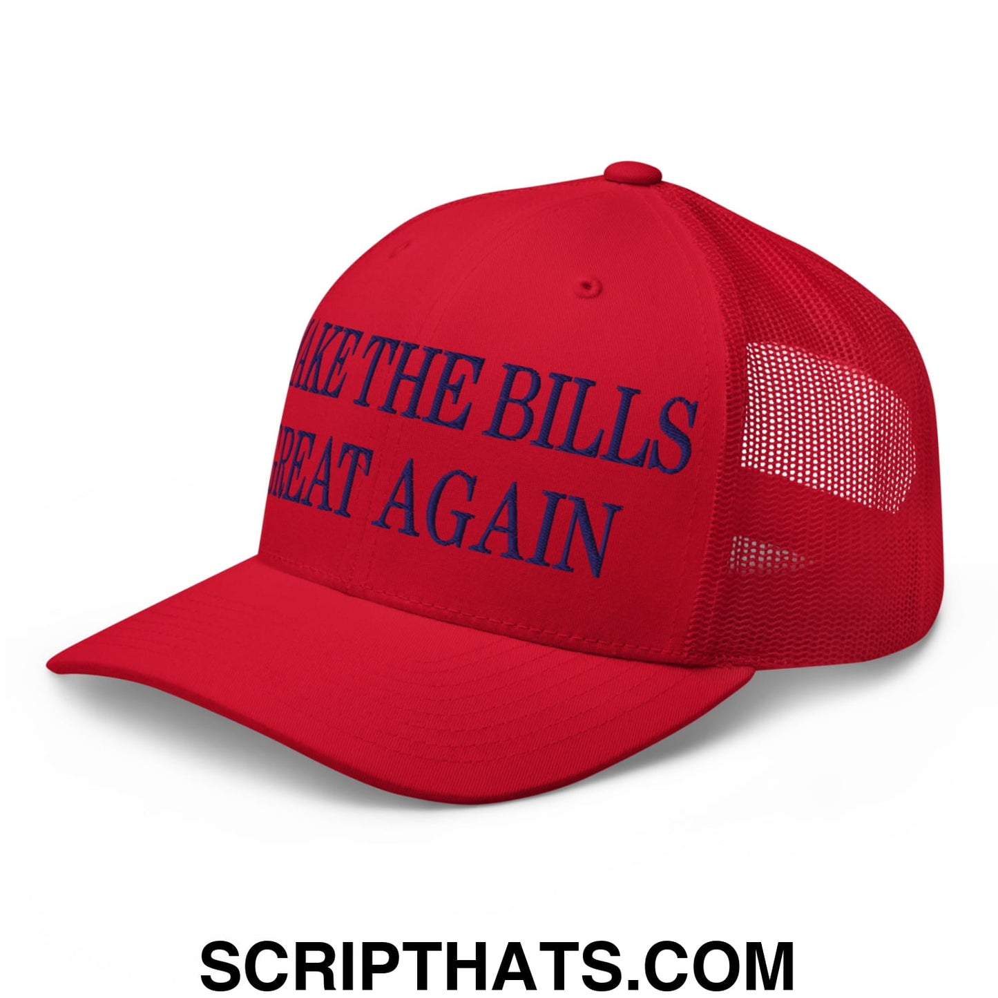 Red mesh trucker hat with navy blue embroidered text make the bills great again on the front panel