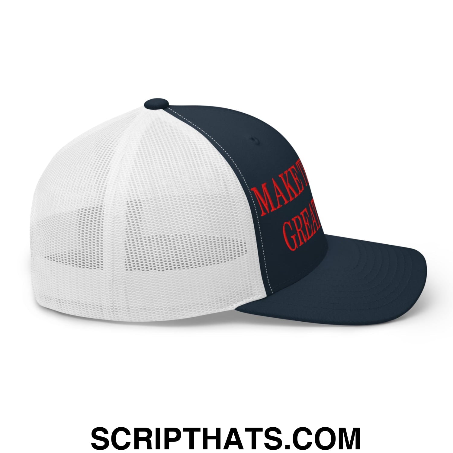 Navy blue and white mesh trucker hat with red embroidered make america great again text on front panel