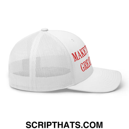 White mesh trucker hat with red embroidered make america great again text on the side titled make the bills great again