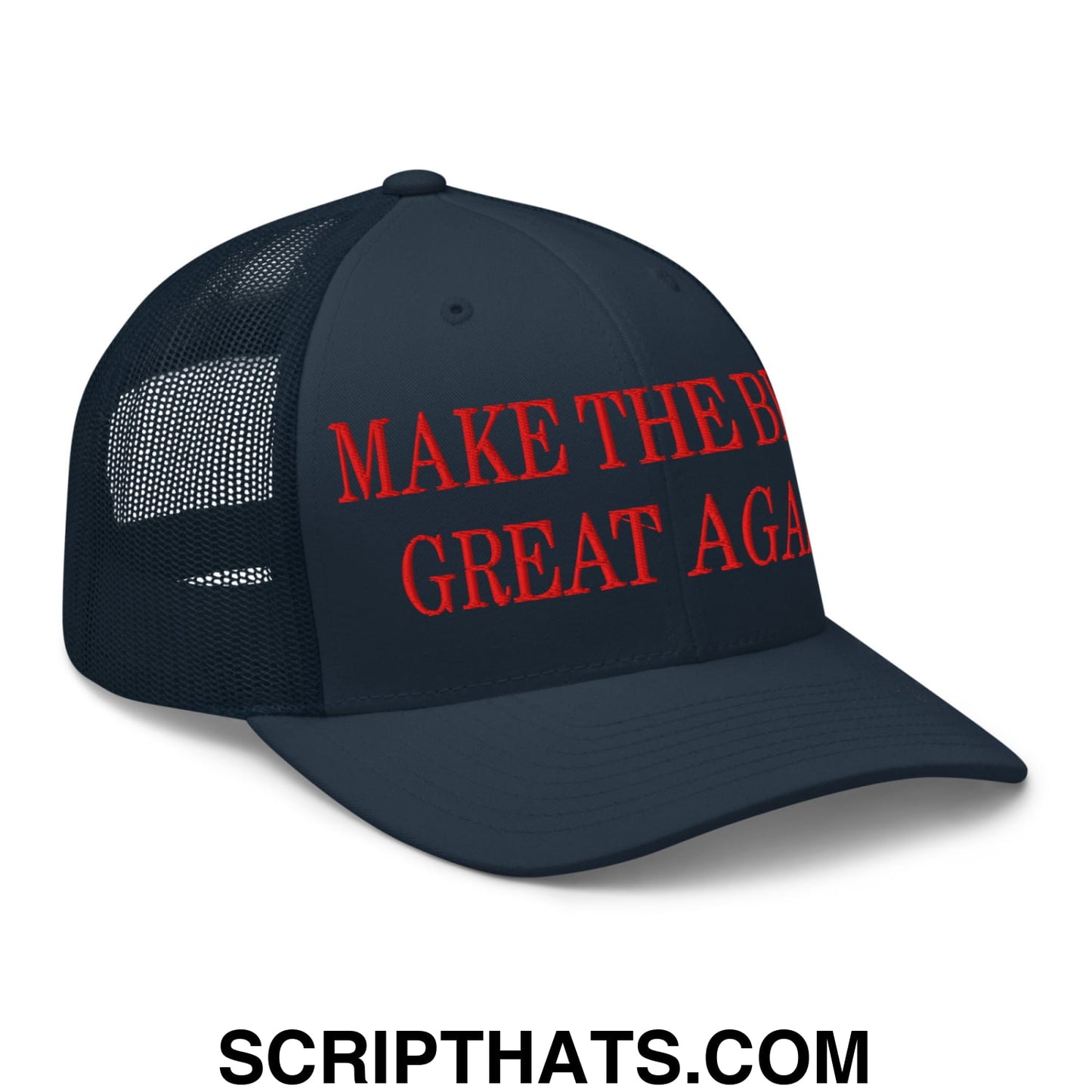 Dark navy blue mesh trucker hat with red embroidered make the b great again text on front panels