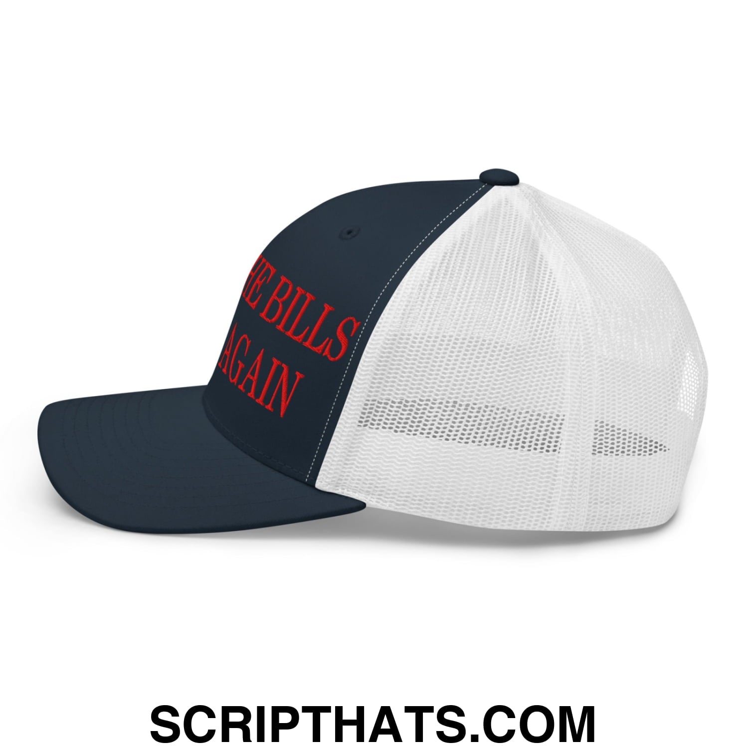 Navy blue and white mesh trucker hat with red embroidered the bills again text front panel for fans
