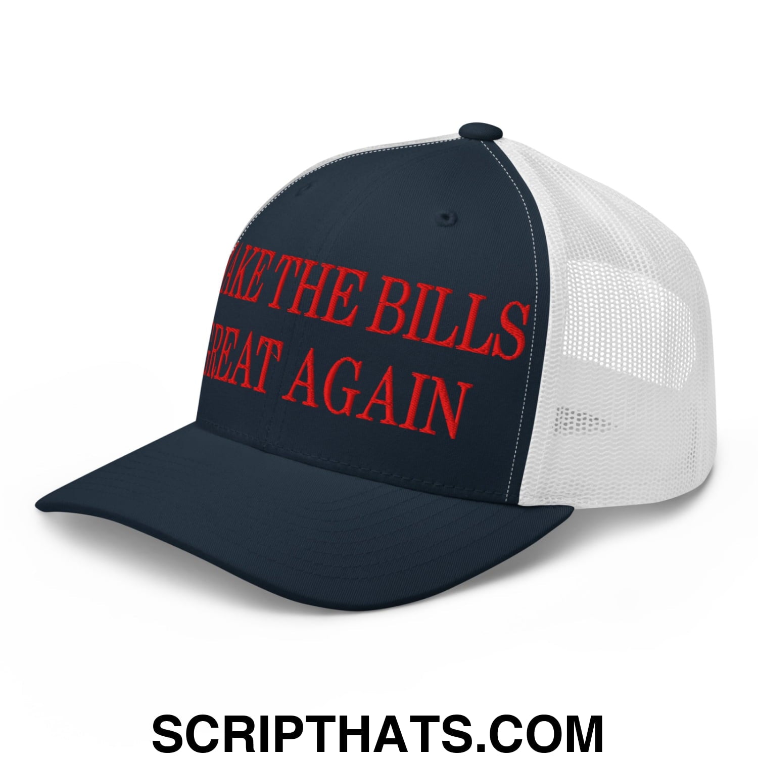 A navy blue and white embroidered mesh trucker hat with red make the bills great again text on the front