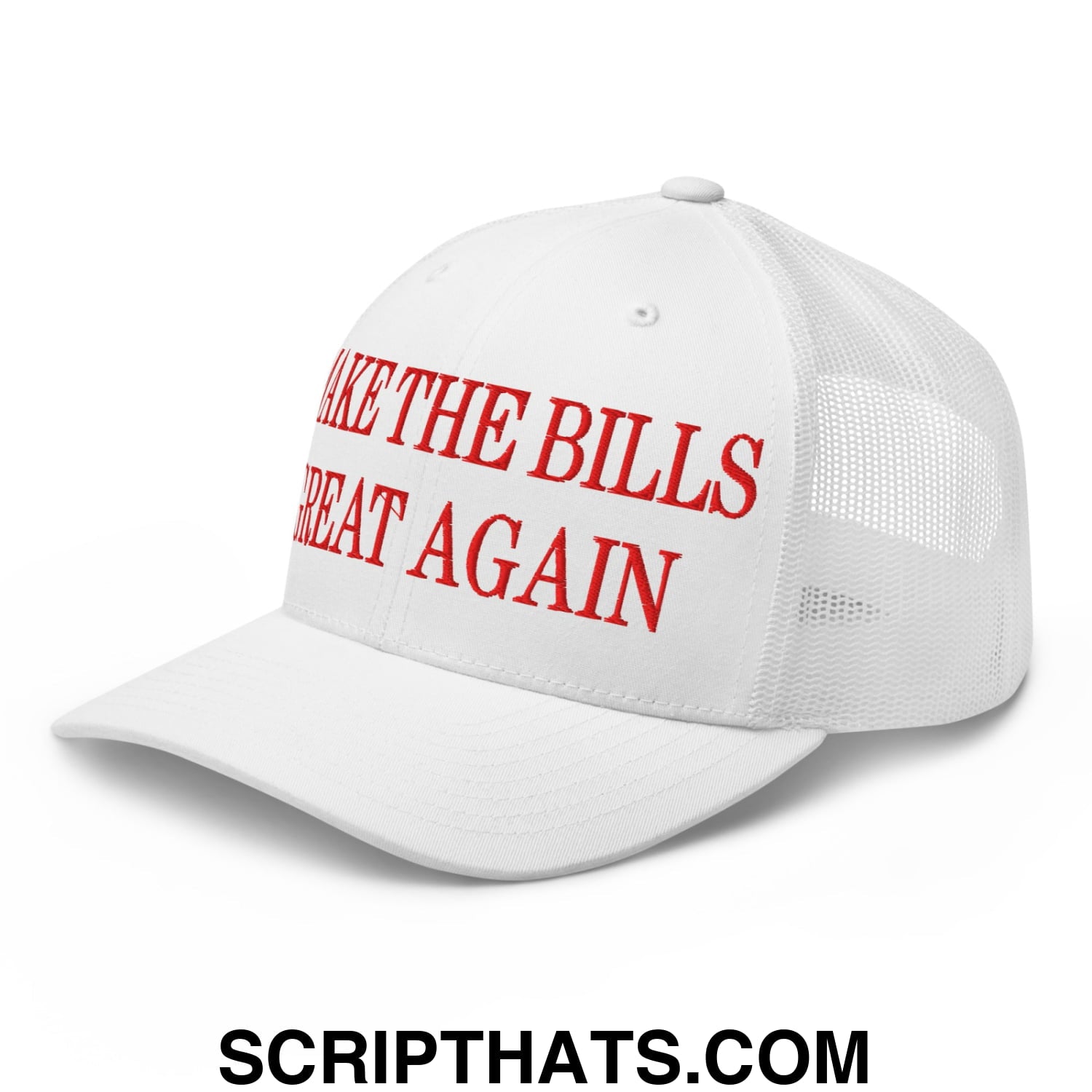 White mesh trucker hat with red embroidered make the bills great again text on the front