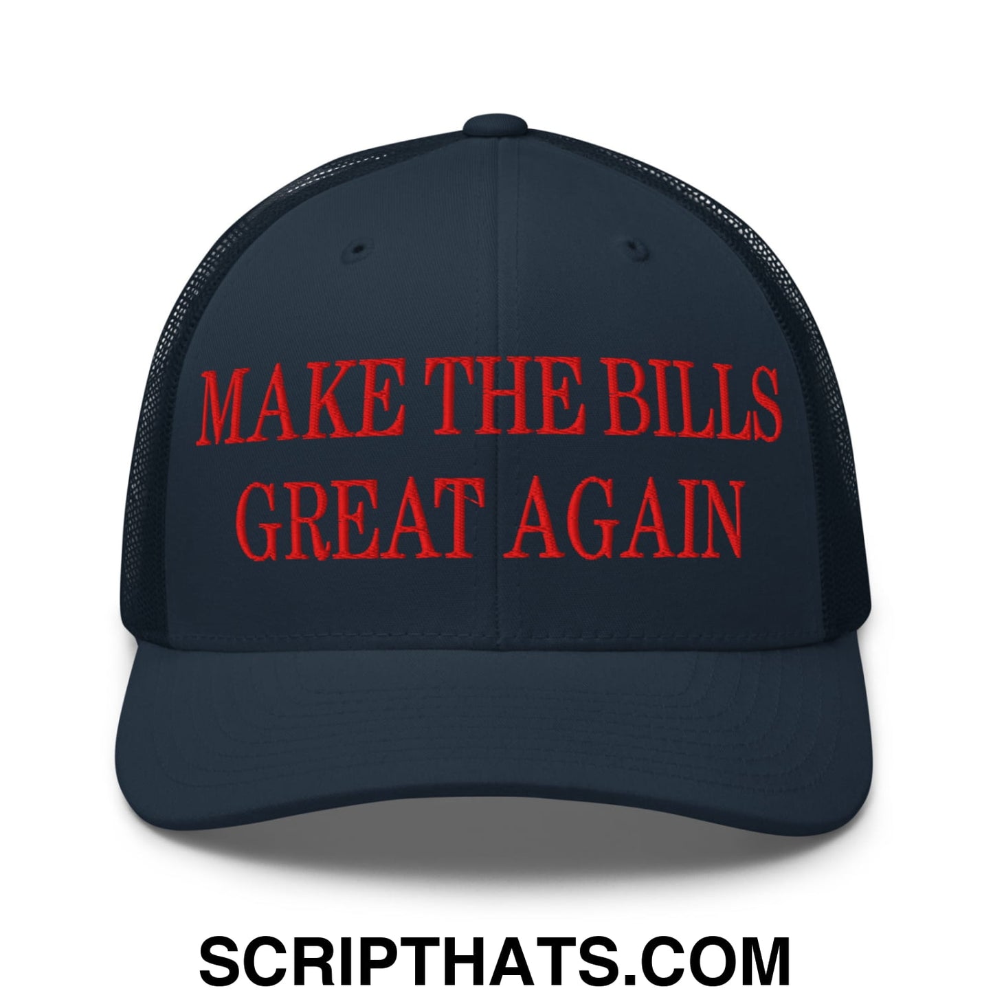 Dark blue mesh trucker hat with red embroidered make the bills great again text across the front panel