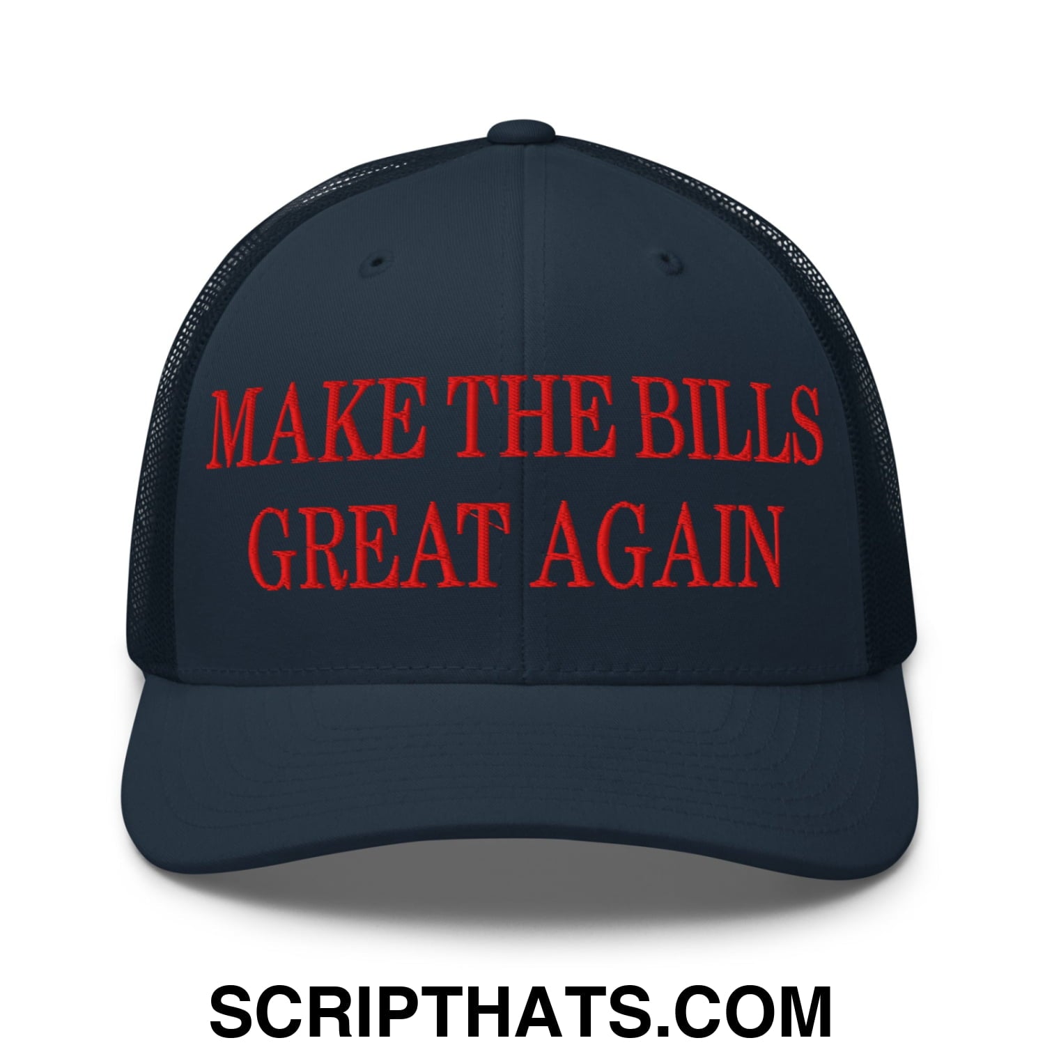 Dark blue mesh trucker hat with red embroidered make the bills great again text across the front panel