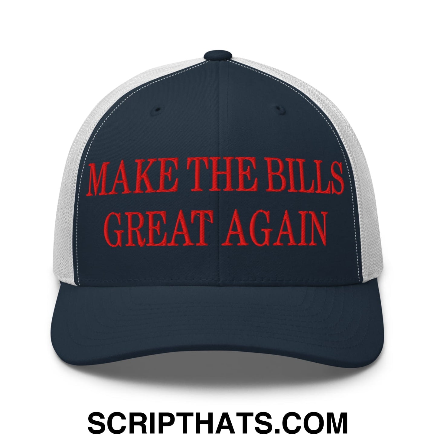 Navy blue and white mesh trucker hat with red embroidered text reading make the bills great again
