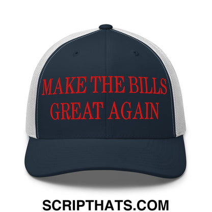 Navy blue and white mesh trucker hat with red embroidered text reading make the bills great again