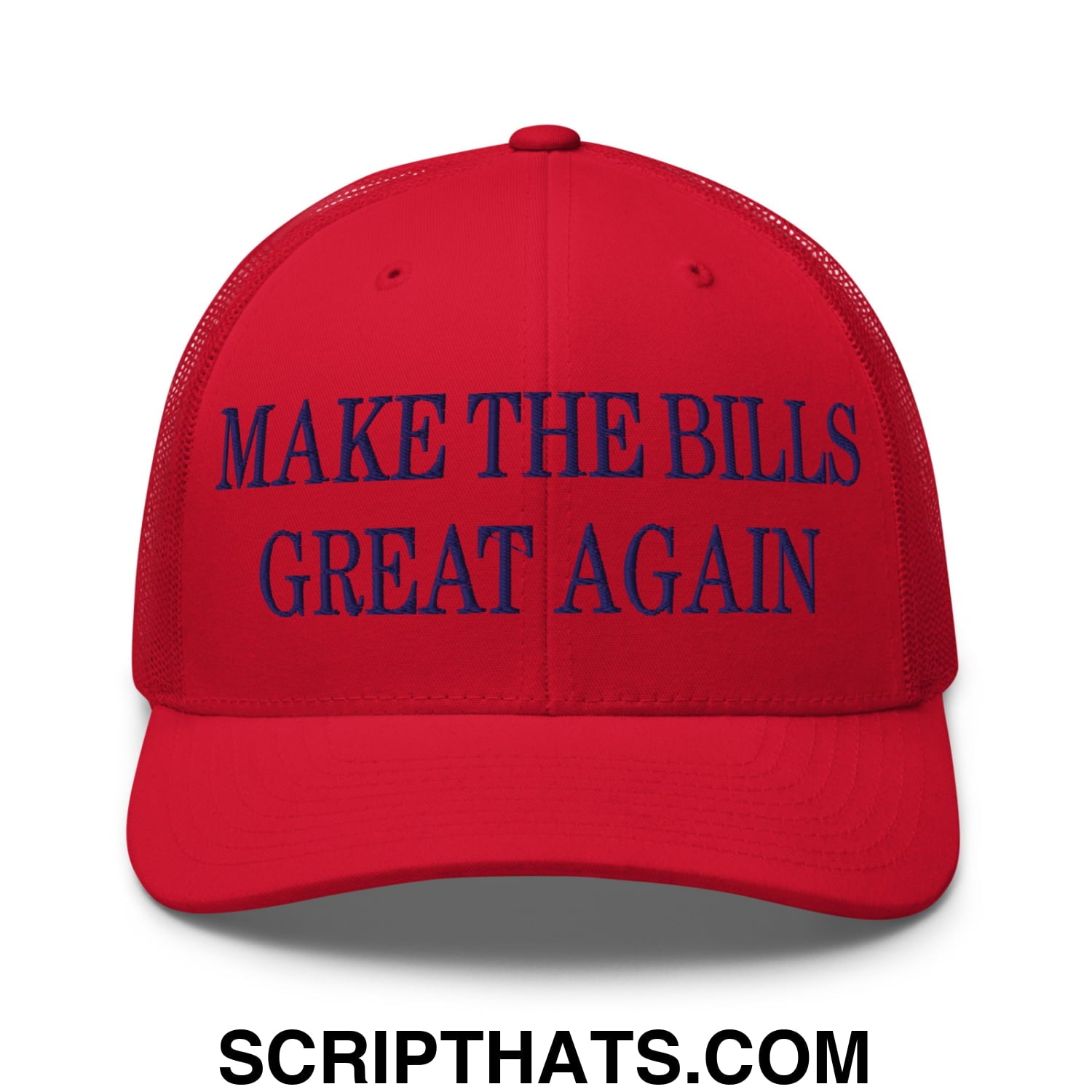 Red mesh trucker hat with navy blue embroidered text make the bills great again on the front panel
