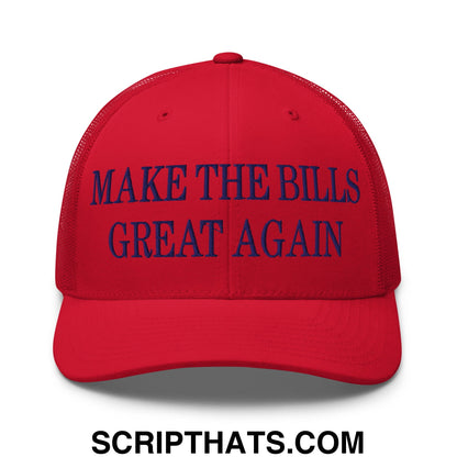Red mesh trucker hat with navy blue embroidered text make the bills great again on the front panel