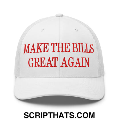 White mesh trucker hat with red embroidered text make the bills great again on the front panel