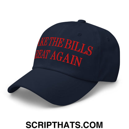 Navy blue unstructured dad hat with bold red embroidered text make the bills great again on the front