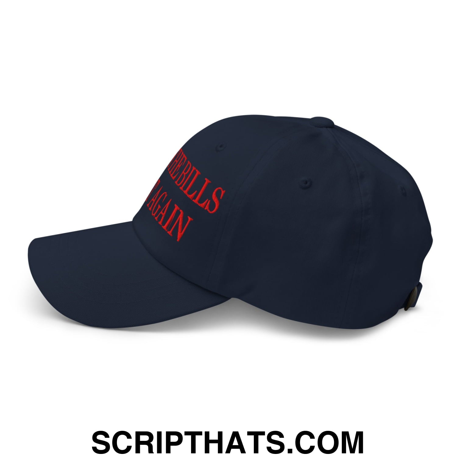 Navy blue unstructured dad hat with red embroidered make america great again text titled make the bills great again