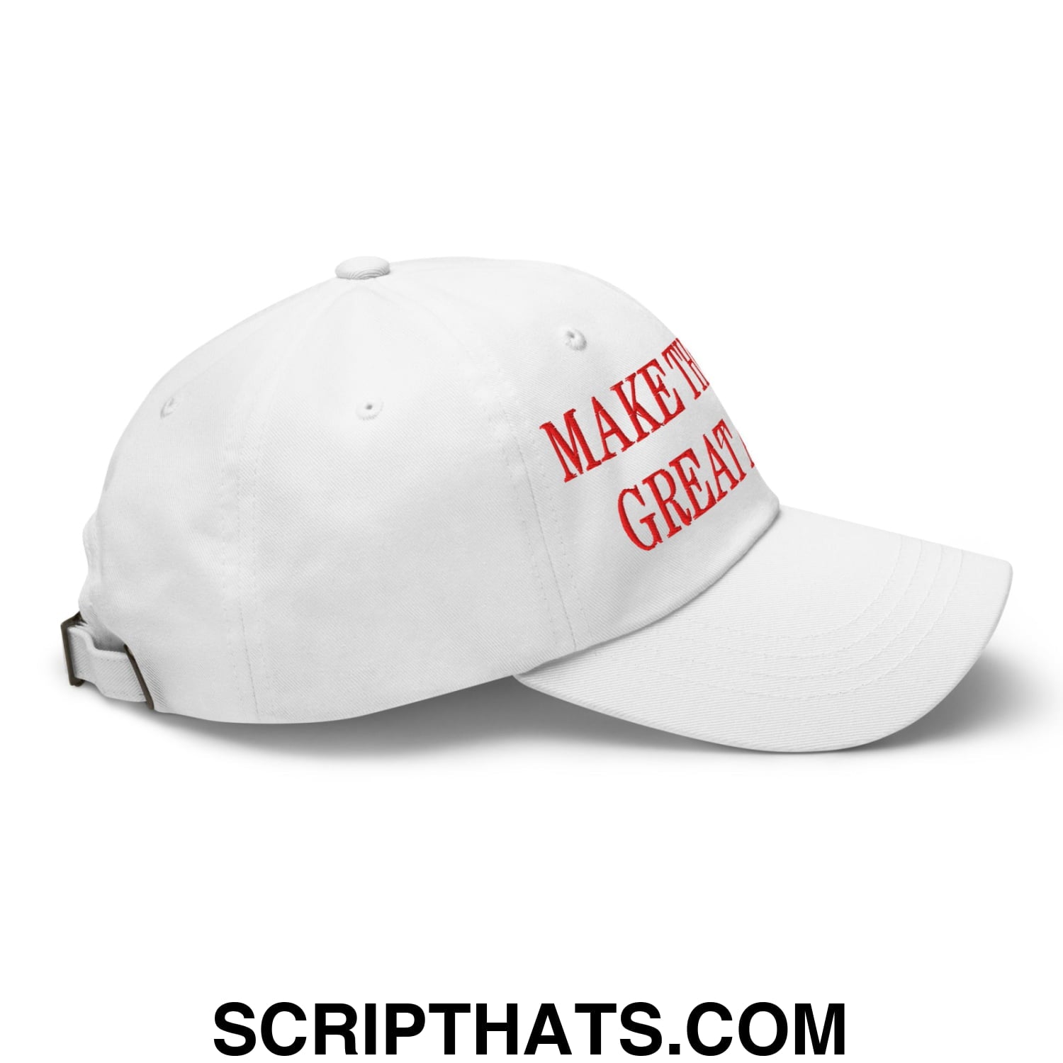 White unstructured dad hat with red embroidered make the great text front for casual sportswear use