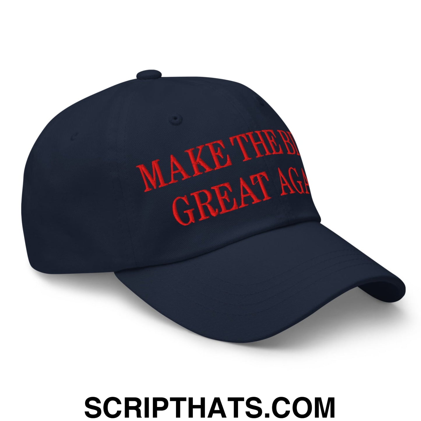 Navy blue unstructured dad hat with red embroidered make the bills great again text ideal for casual wear