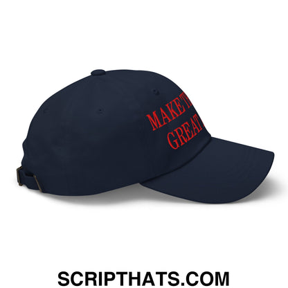 Navy blue unstructured dad hat with red embroidered make it great text from make the bills great again collection