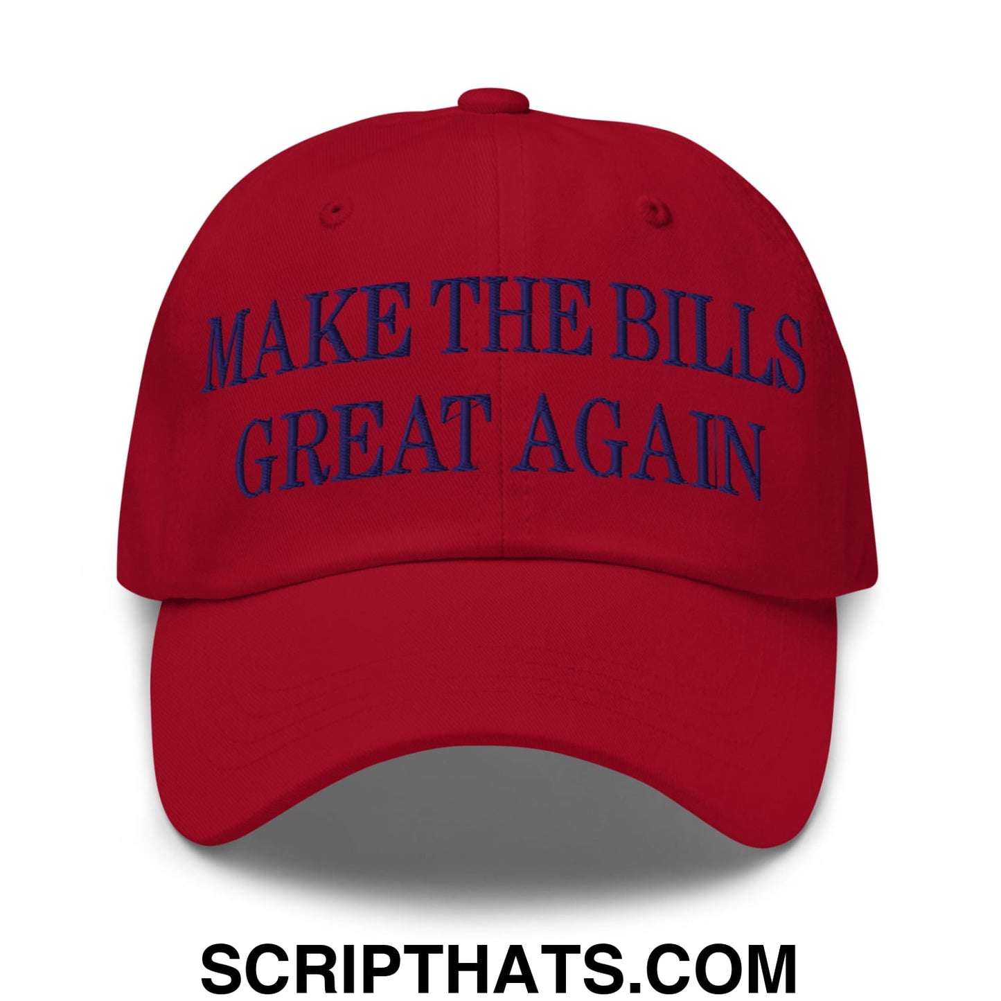 Red unstructured dad hat with navy blue embroidered text reading make the bills great again