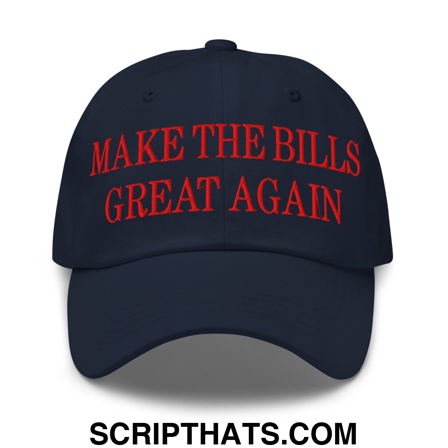 Navy blue unstructured dad hat with bold red embroidered text make the bills great again on front panel