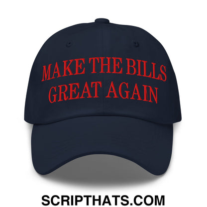 Navy blue unstructured dad hat with bold red embroidered text make the bills great again on front panel
