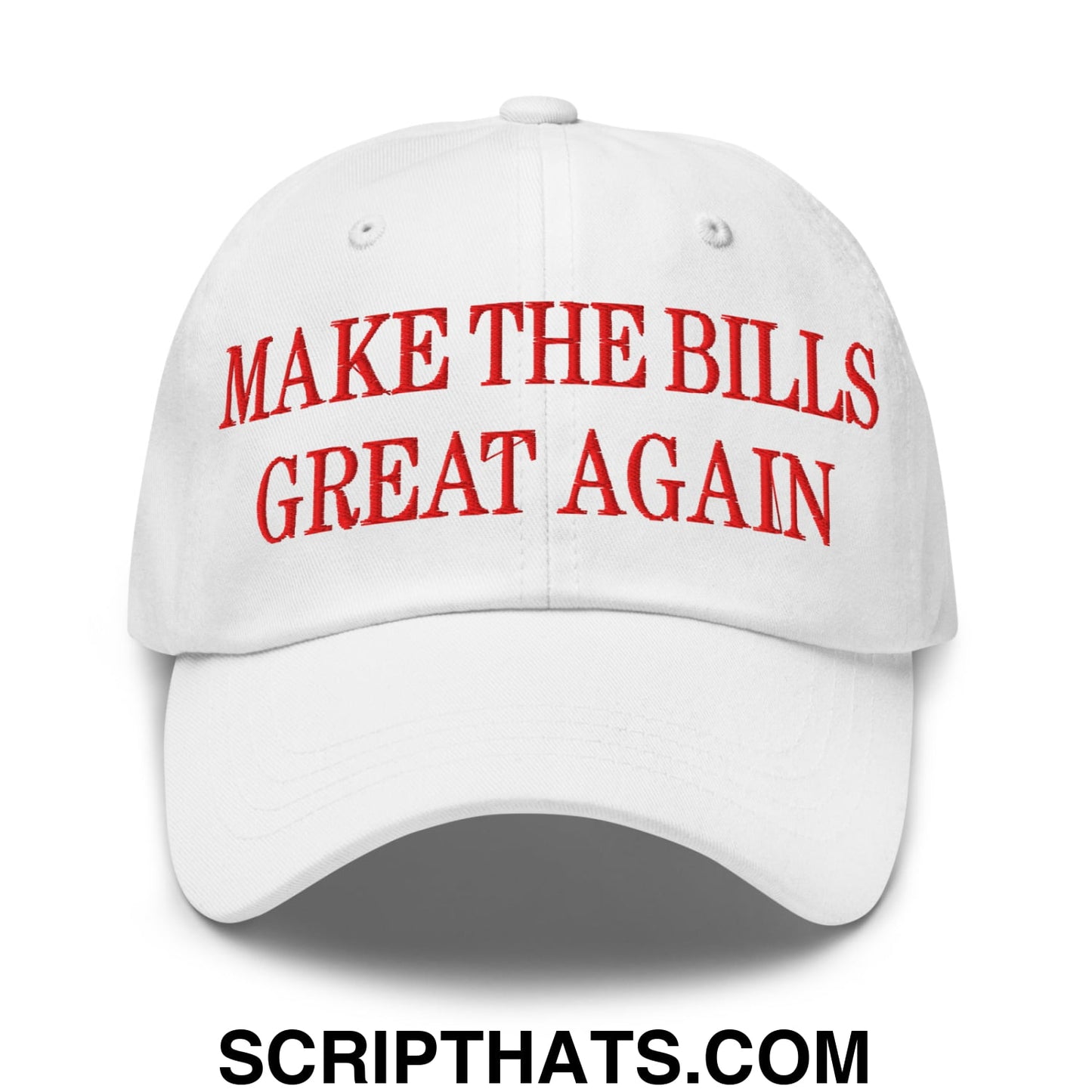 White unstructured dad hat with red embroidered make the bills great again text in a sporty casual style