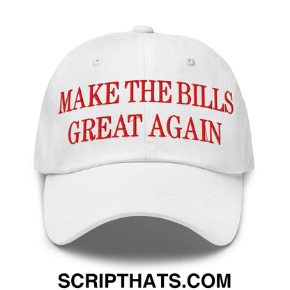 White unstructured dad hat with red embroidered make the bills great again text in a sporty casual style
