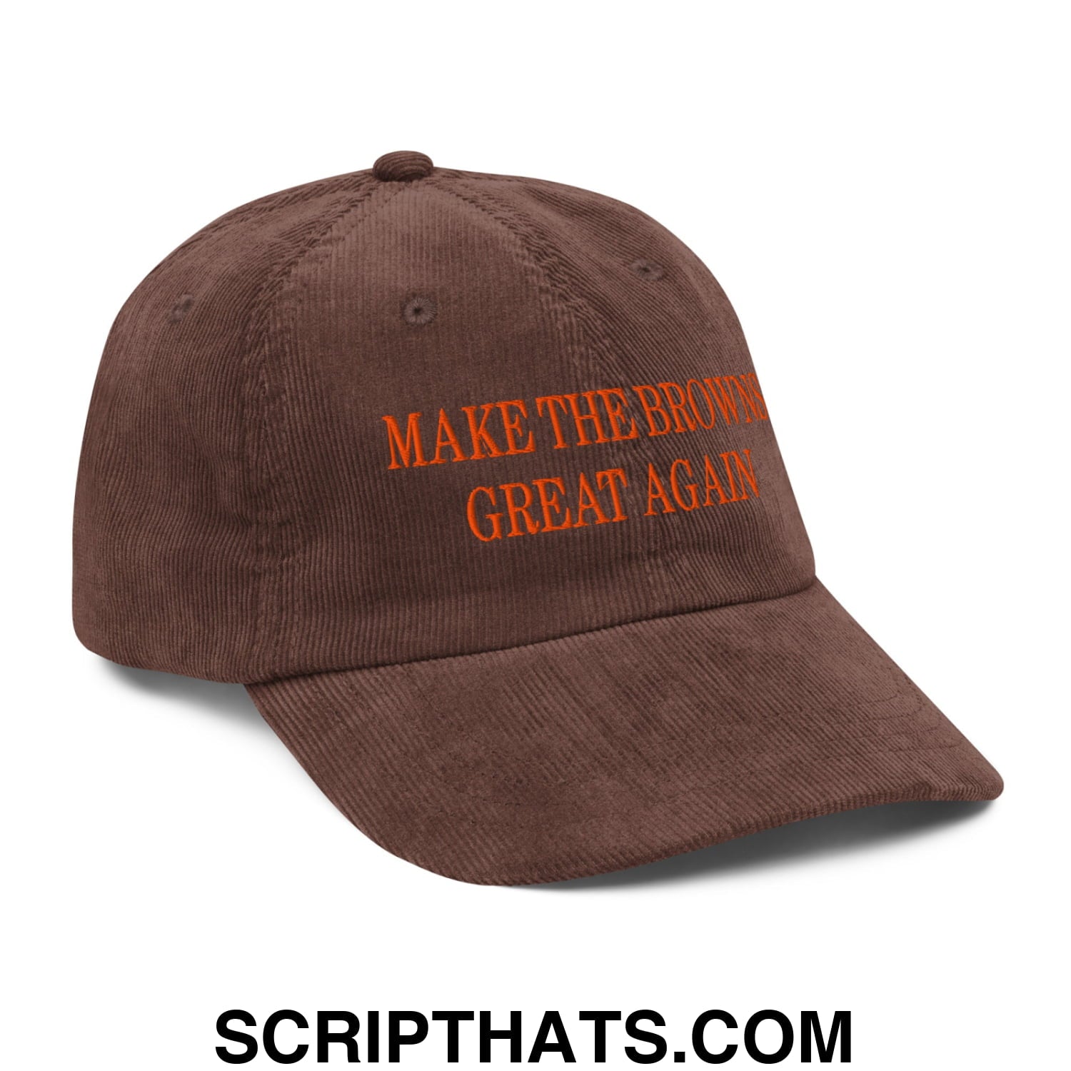 Brown corduroy baseball cap with orange embroidered text make the brown great again dad hat