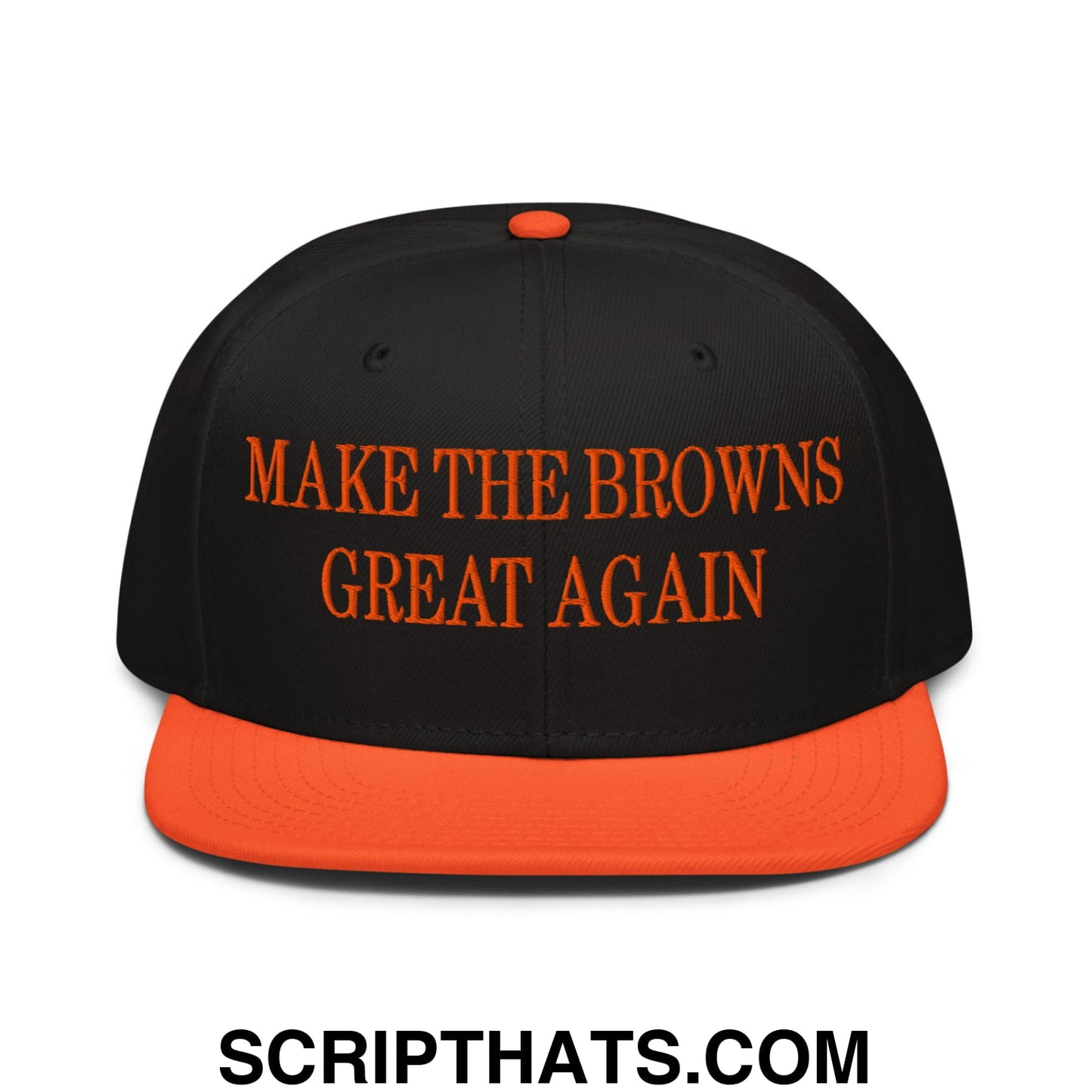 Black and orange snapback hat with make the browns great again embroidered in bold orange flat bill brim design