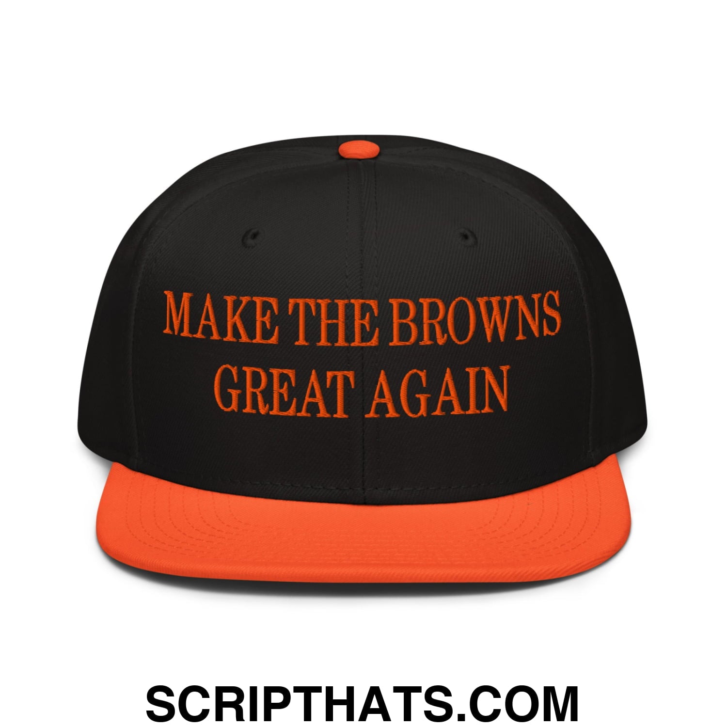 Black and orange snapback hat with make the browns great again embroidered in bold orange flat bill brim design