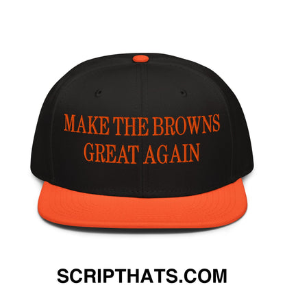 Black and orange snapback hat with make the browns great again embroidered in bold orange flat bill brim design