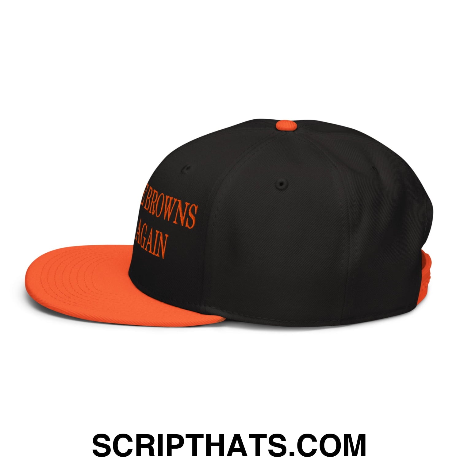 Black and orange snapback cap with brown again embroidered in orange script featuring flat bill brim