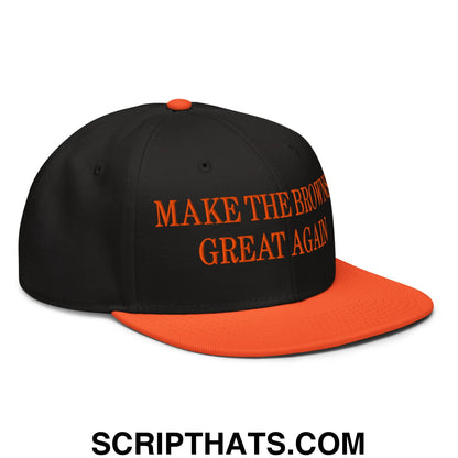 Black and orange snapback hat with embroidered make the browns great again text on flat bill brim