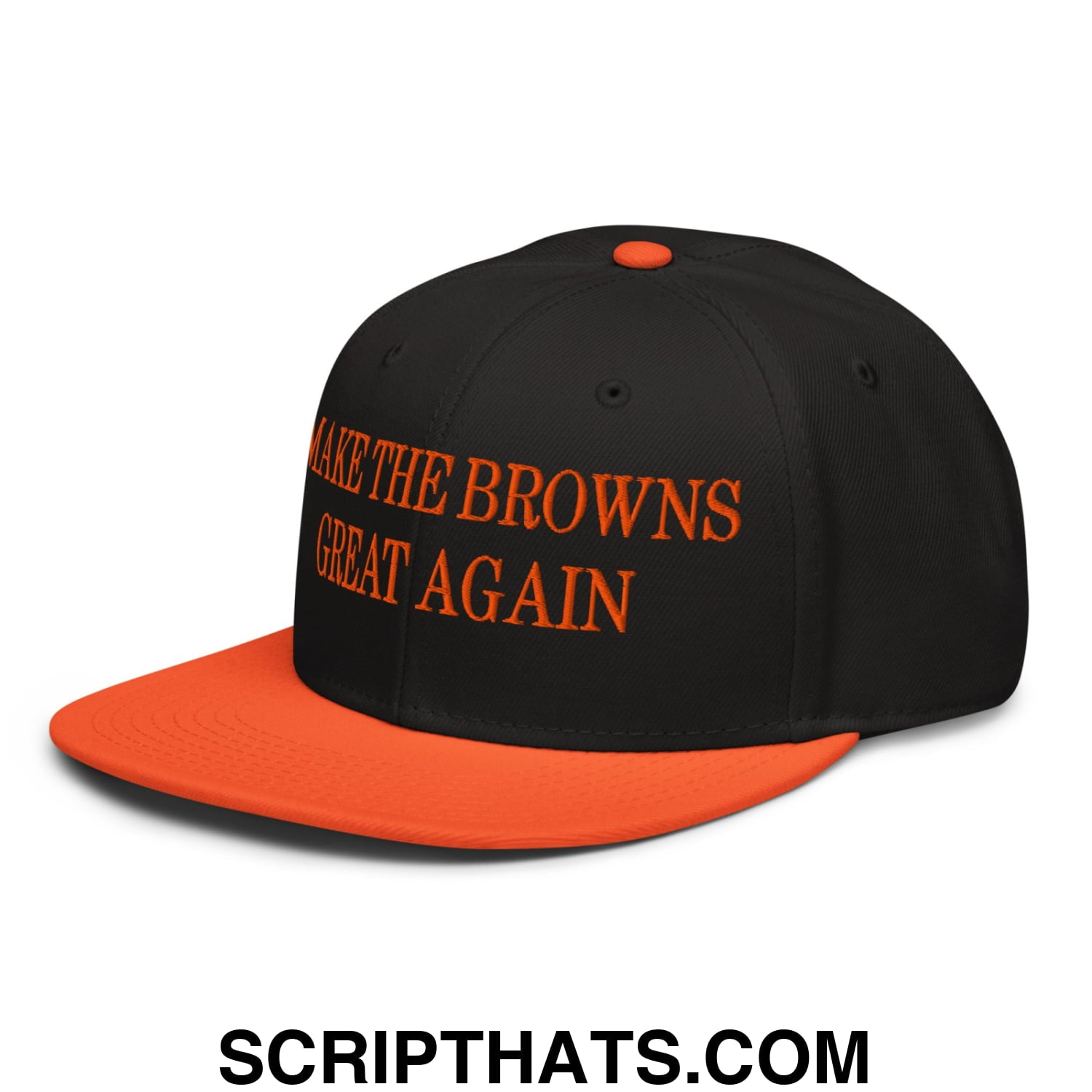 Black and orange snapback hat with make the browns great again embroidered in bold orange thread on flat bill brim