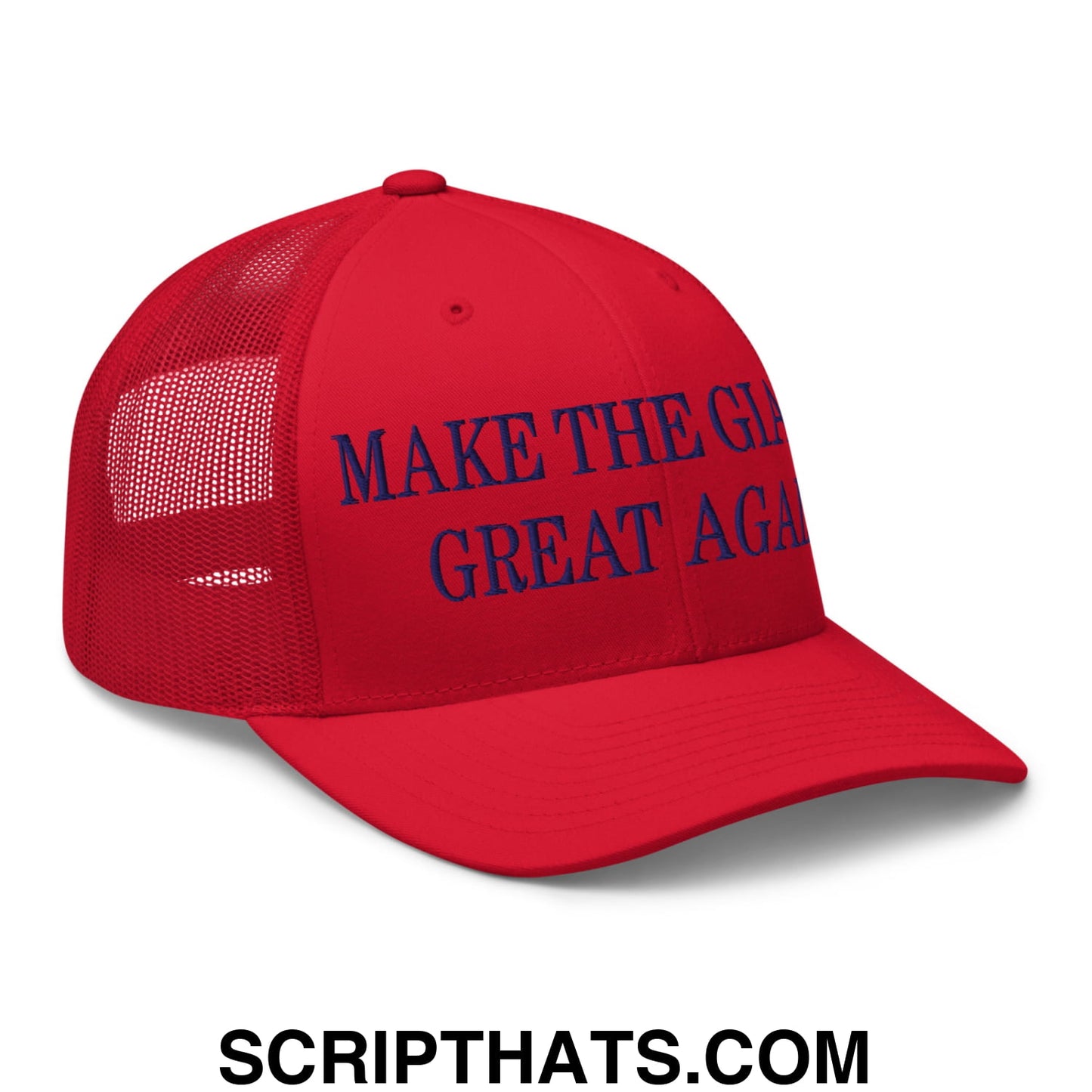 Red mesh trucker hat with navy blue embroidered text make the great again on front panels for Giants fans