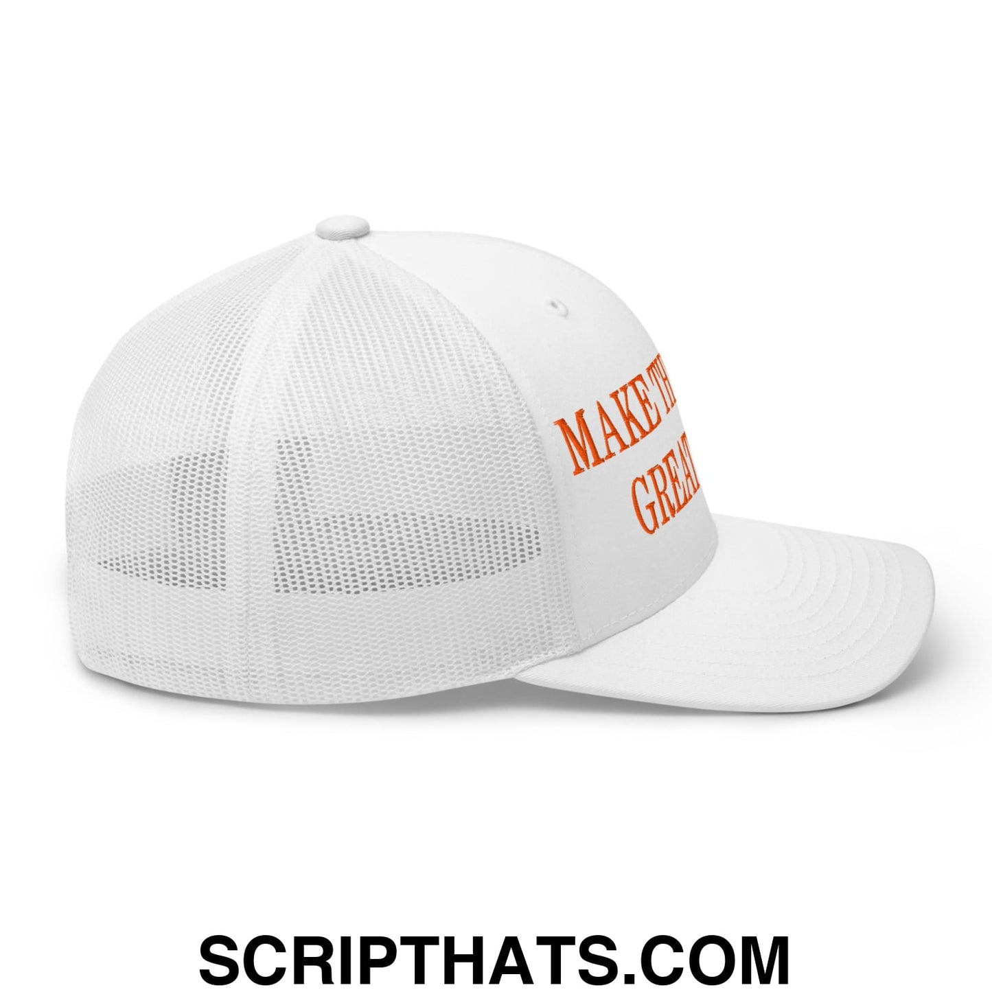 White mesh trucker hat with orange embroidered make america great again text on the side designed to make the giants great again