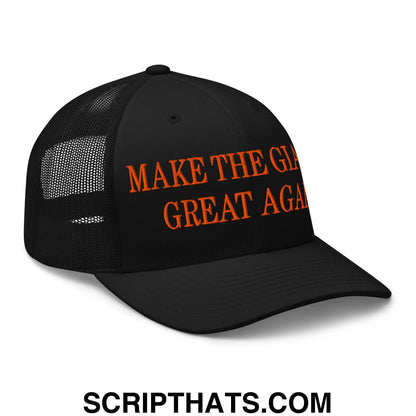 Black mesh trucker hat with orange embroidered text make the great again featuring a classic snapback closure