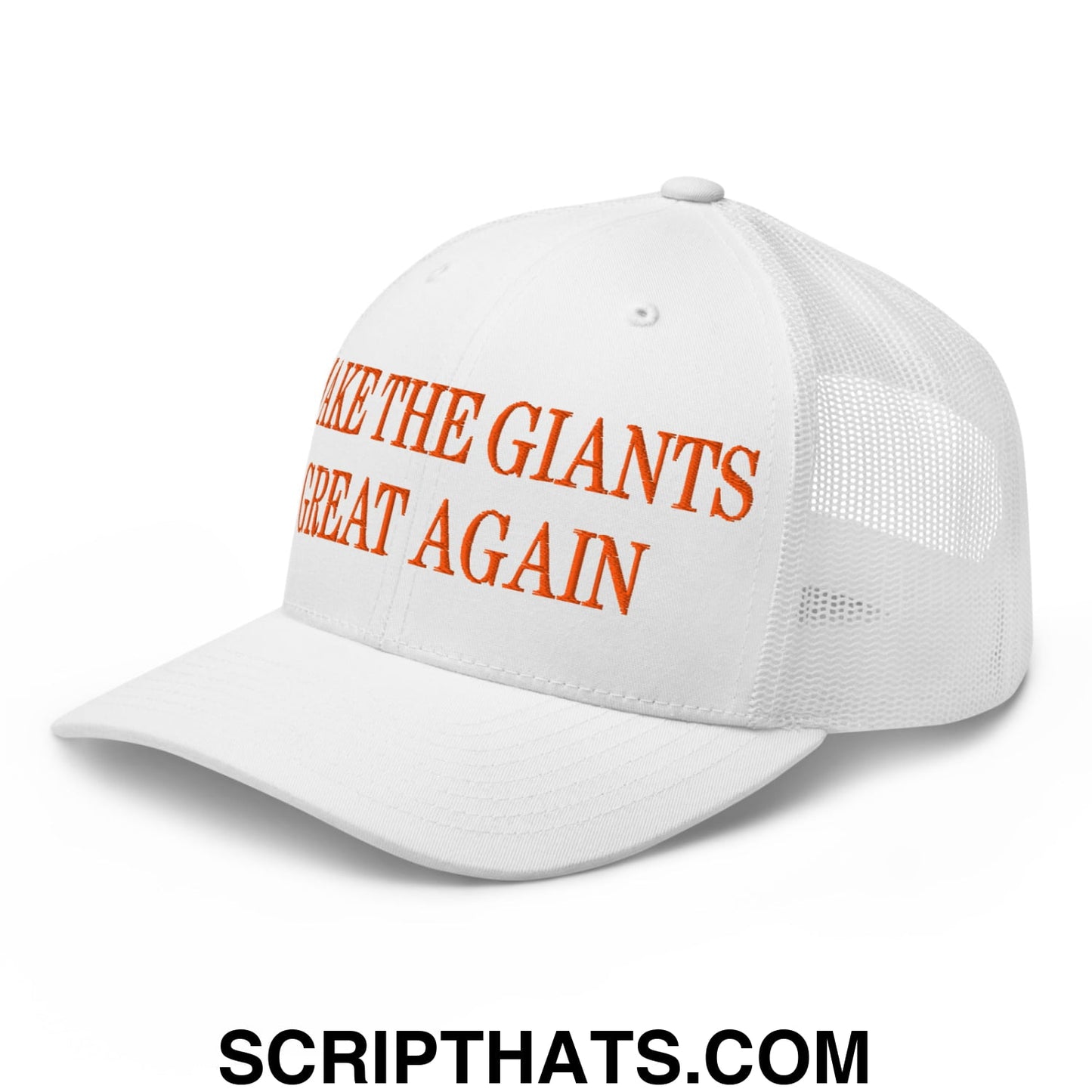 White mesh trucker hat with orange embroidered make the giants great again text on the front panel