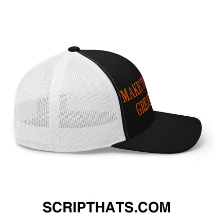 Black and white mesh trucker hat with orange embroidered make it great text on front panel for giant fans