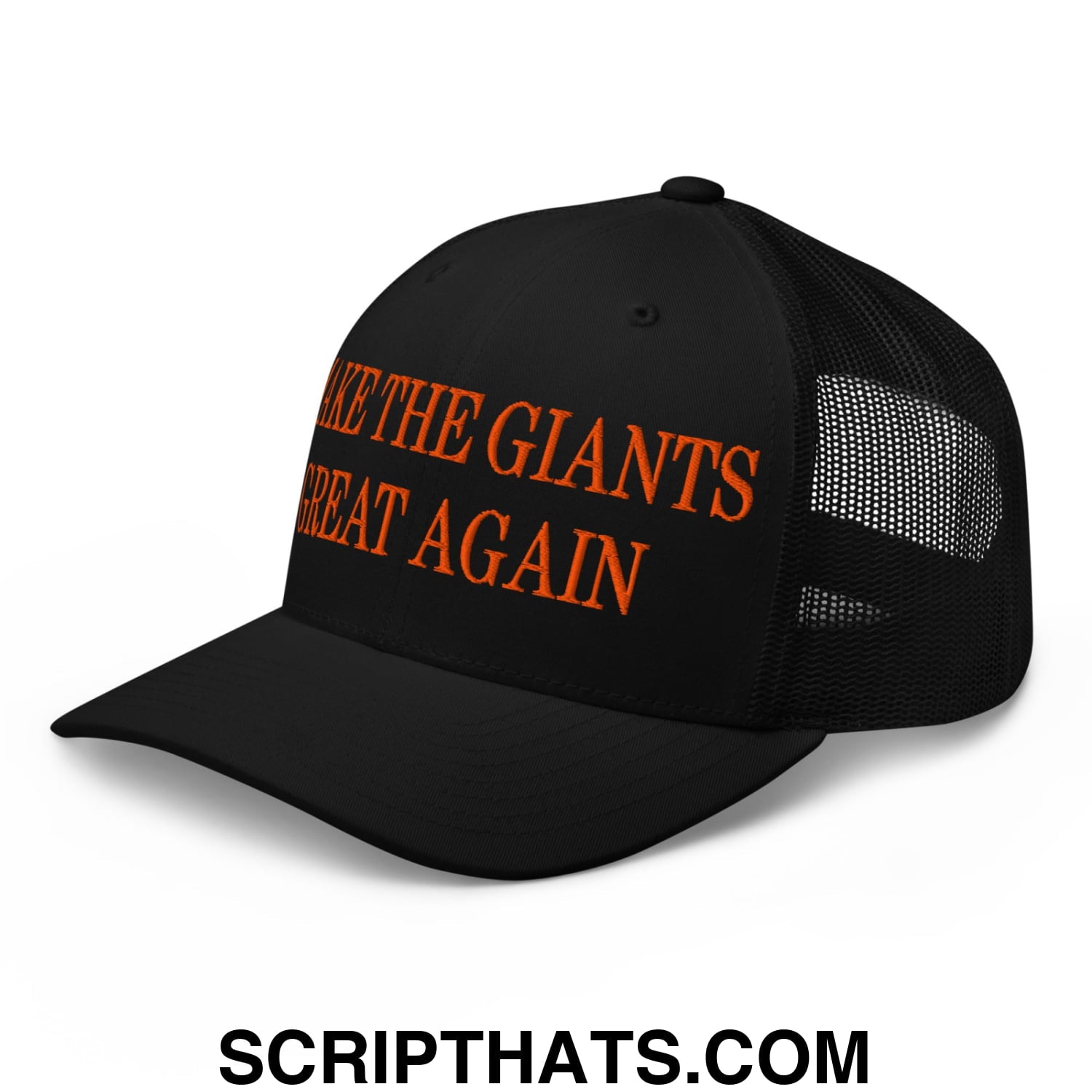 Black mesh trucker hat with orange embroidered text reading like the giants great again on the front panel