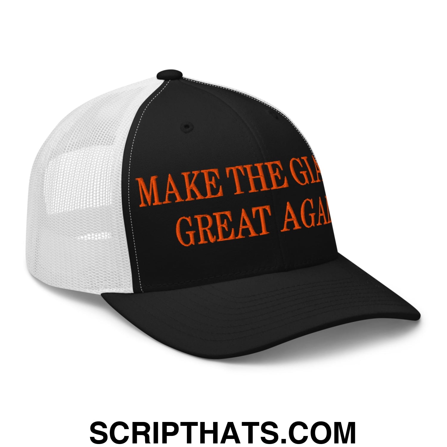 Black and white mesh trucker hat with orange embroidered text reading make the great again on the front panel