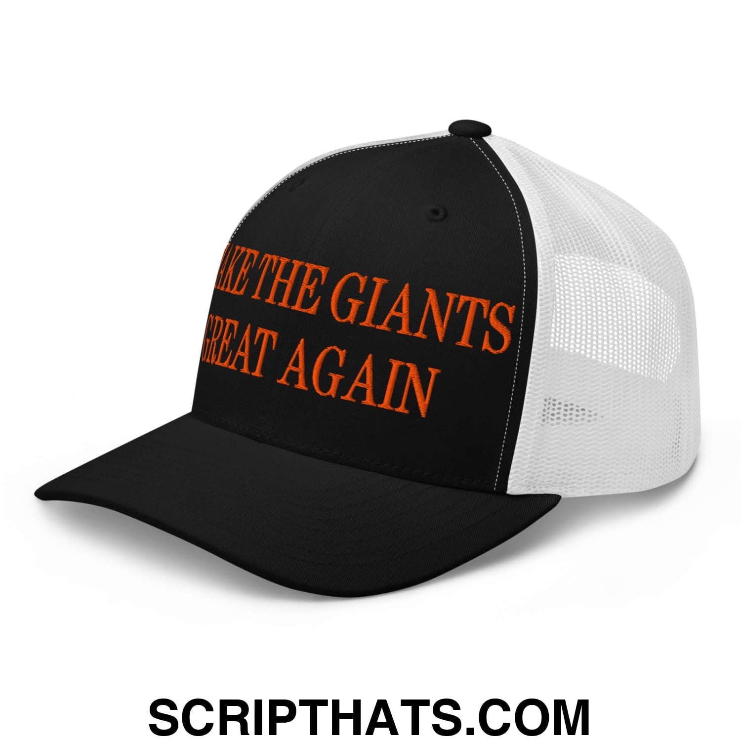 Black and white mesh trucker hat with orange embroidered text make the giants great again on the front panel