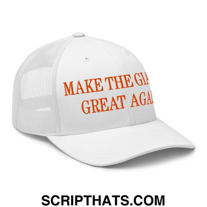 White mesh trucker hat with orange make the great again embroidery promoting the Giants team spirit