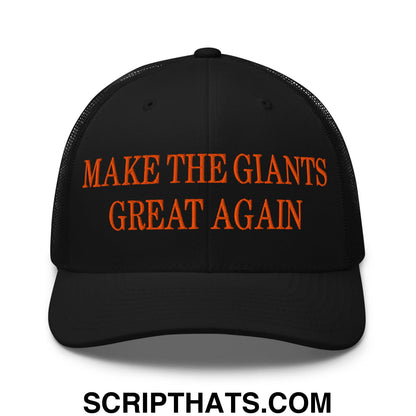 Black mesh trucker hat with orange embroidered text make the giants great again across the front