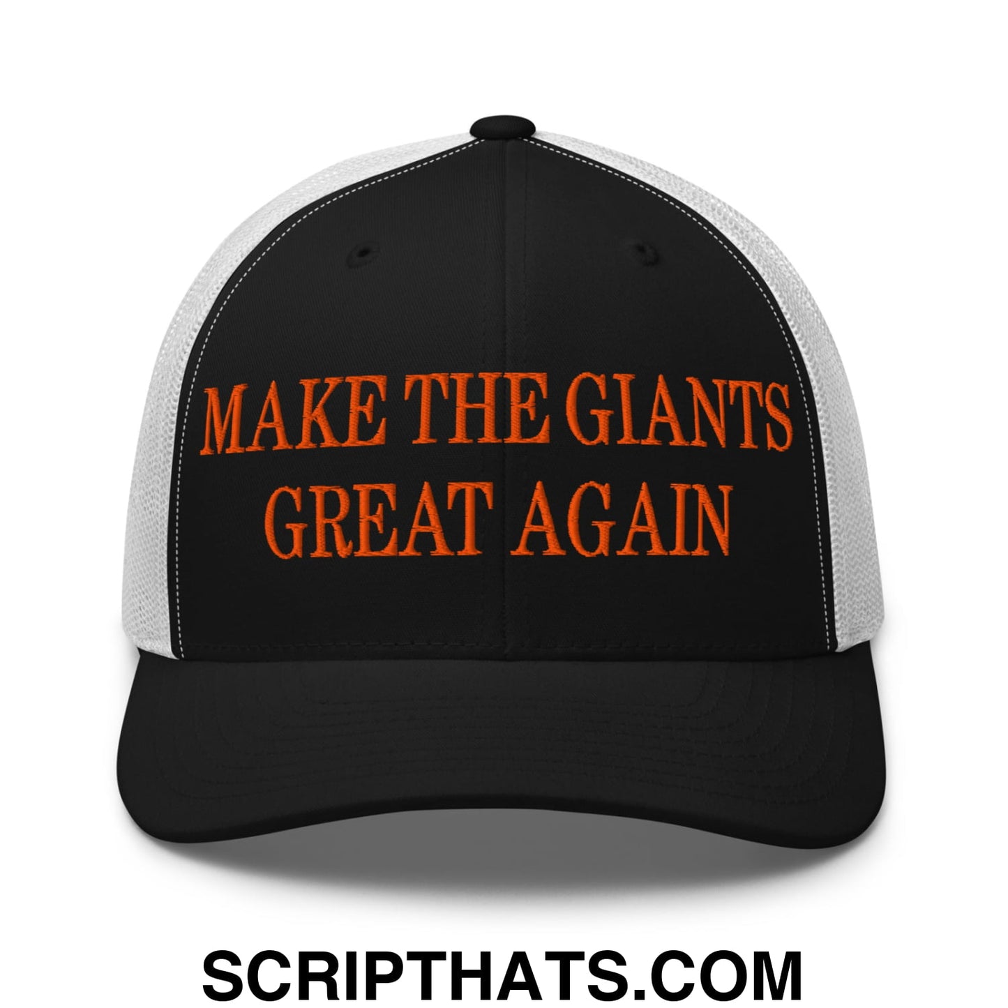 Black and white mesh trucker hat with orange embroidered text make the giants great again on the front