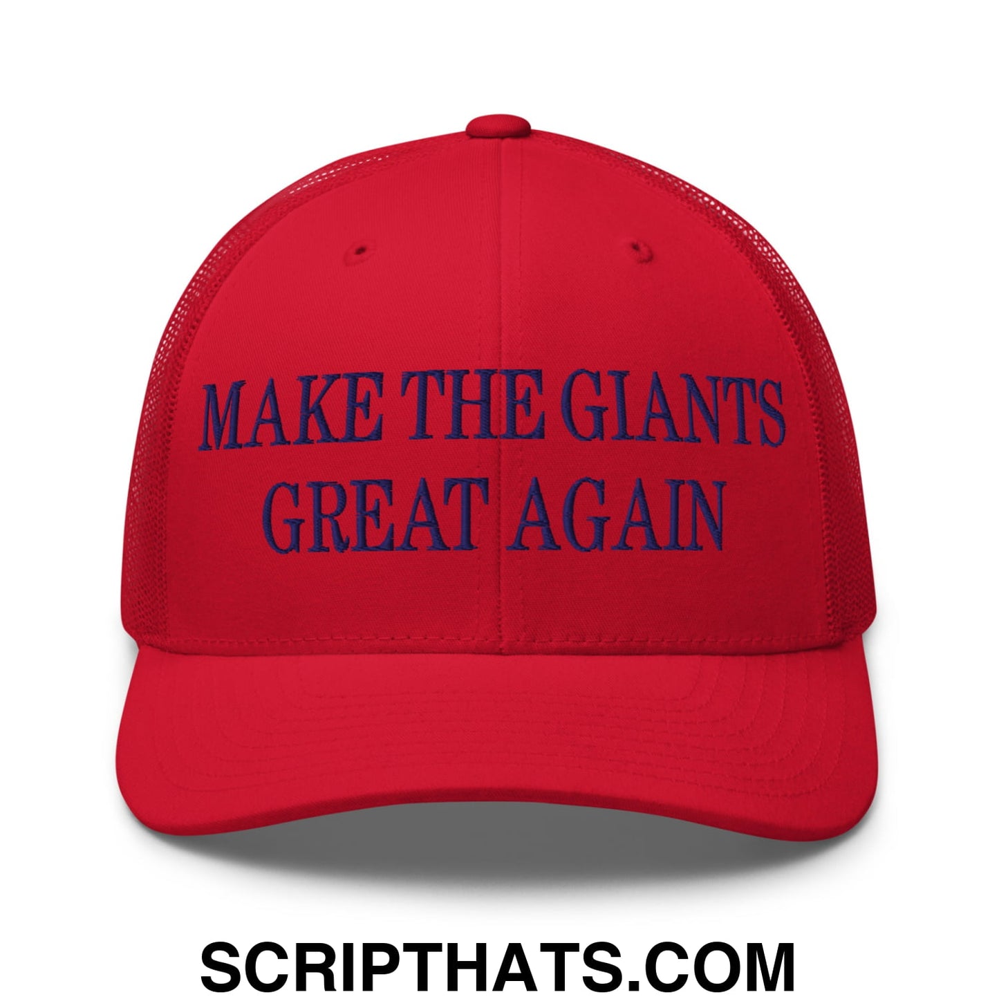 Red mesh trucker hat with navy blue embroidered make the giants great again text on the front panel